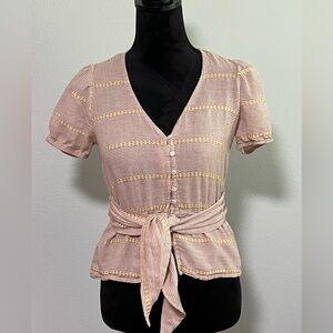 MAISIE Short Sleeve Tie Waist Button Front Top- XS